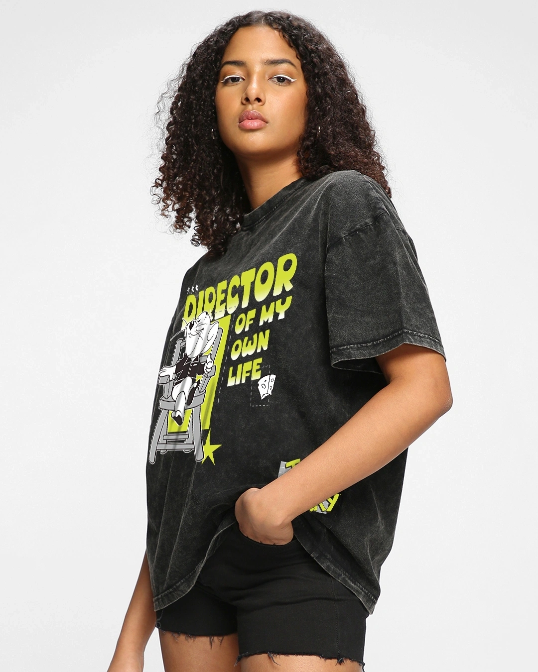 Women's Black Director Jerry Graphic Printed Oversized Acid Wash T-shirt