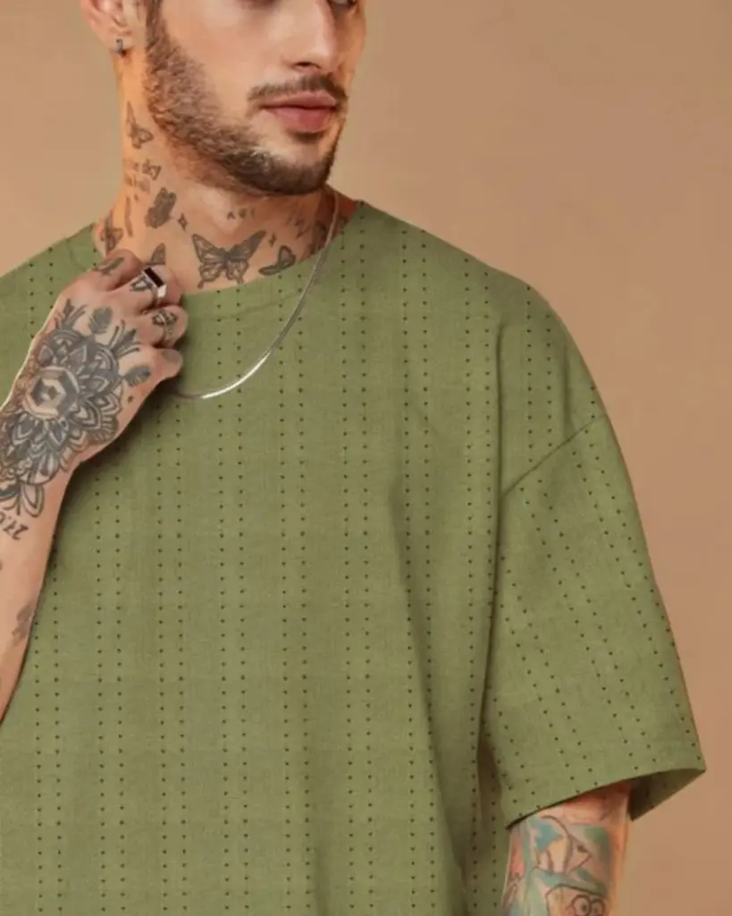 Crafted Canvas Vertical Striped Knit Leaf Green Oversized Tee