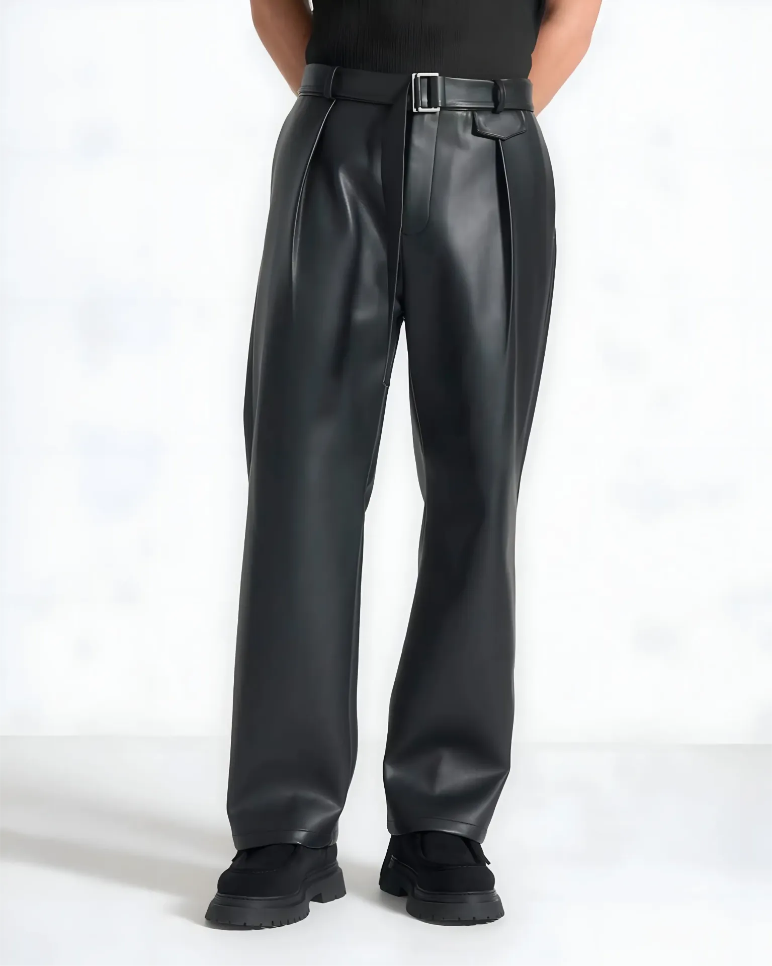 Relaxed Fit Faux Leather Pleated Trousers