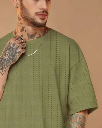 Crafted Canvas Vertical Striped Knit Leaf Green Oversized Tee